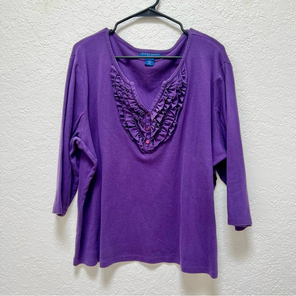 Karen Scott Purple Ruffled 3/4 Sleeve Blouse Plus Size Cotton - Picture 1 of 4